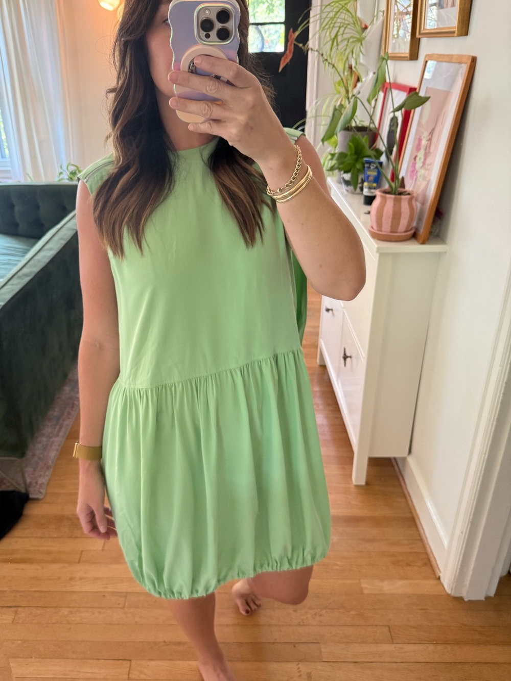 Tibi Light Green Sleeveless Bubble-Hem Mini Dress